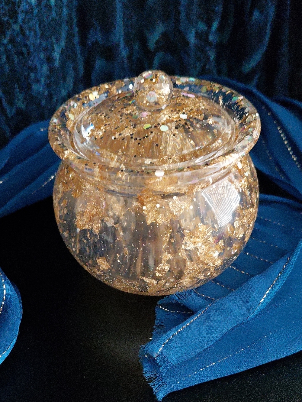 Hand Crafted Clear Resin Jar with Gold Flakes and Lid